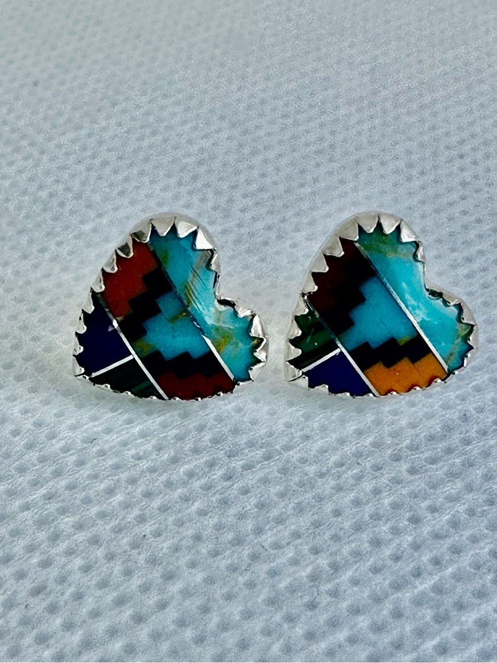 Sterling Silver Turquoise Inlay Heart Stud Earrings View 2